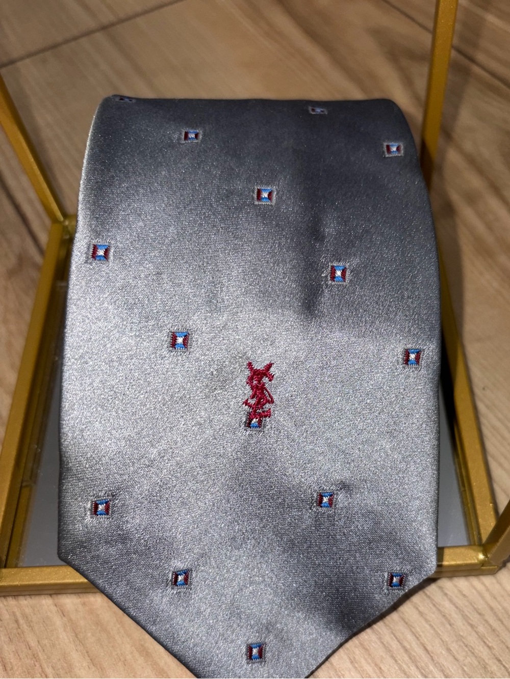 VTG Yves Saint Laurent Silk Tie Lot 2pc Burgundy Grey Embroidered YSL Logo